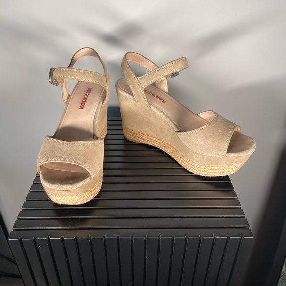 Prada Beige Espadrille Suede Wedges Size 39.5 (US 9) - Picture 1 of 6